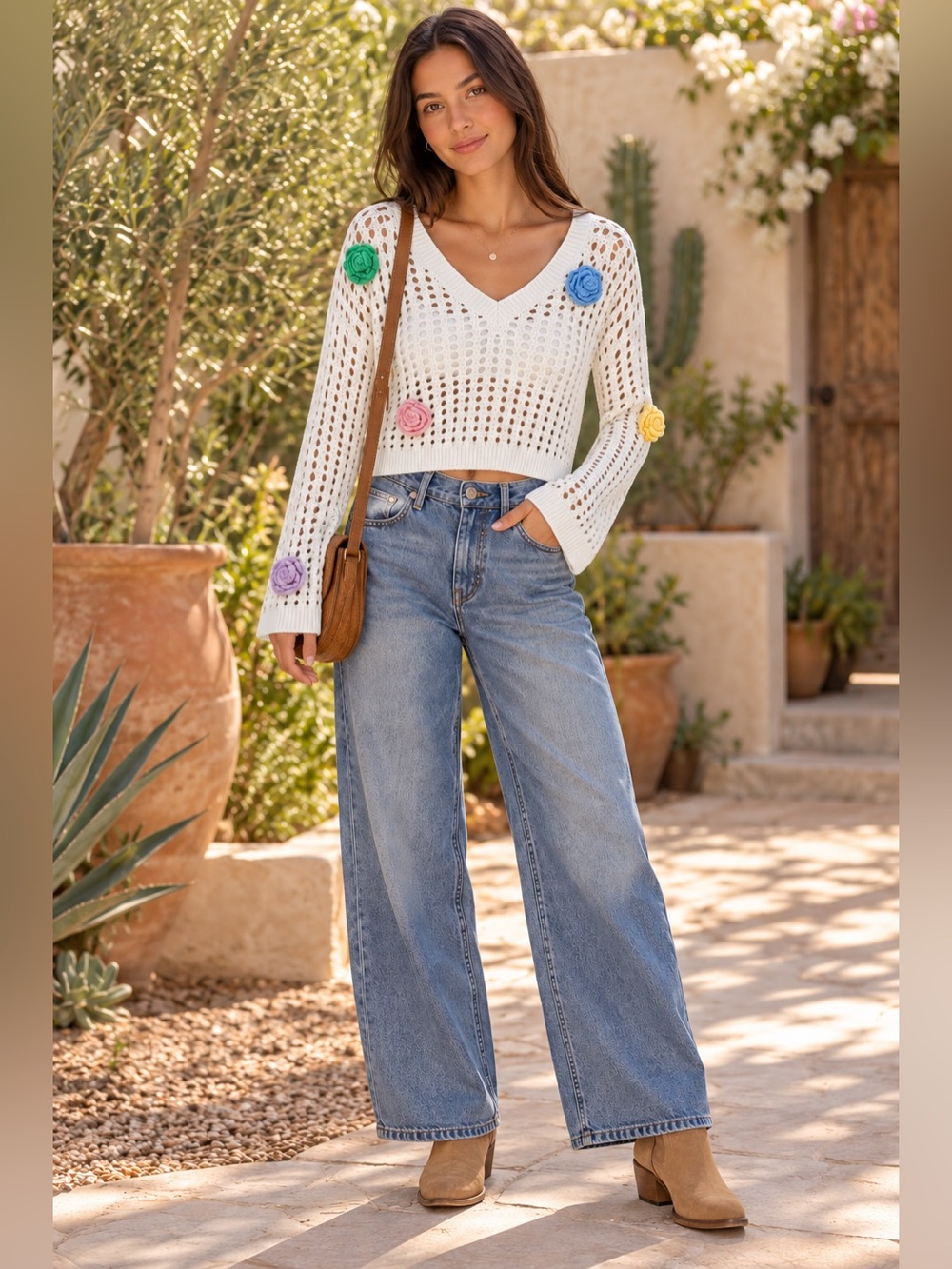NWT Wild Fable Cream Open Knit Cropped V Neck Sweater Crochet Flowers, Boho, S